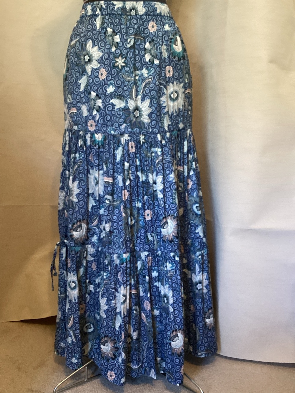 LOFT Boho Blue Floral Tiered Maxi Skirt with Pink & White Accents
